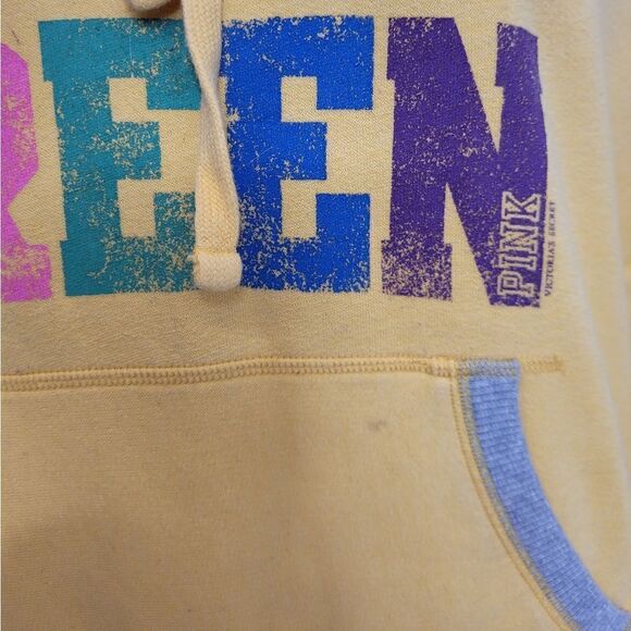 Y2K VS PINK go green hoodie‎ bright yellow distressed spellout sweatshirt S - Picture 4 of 8